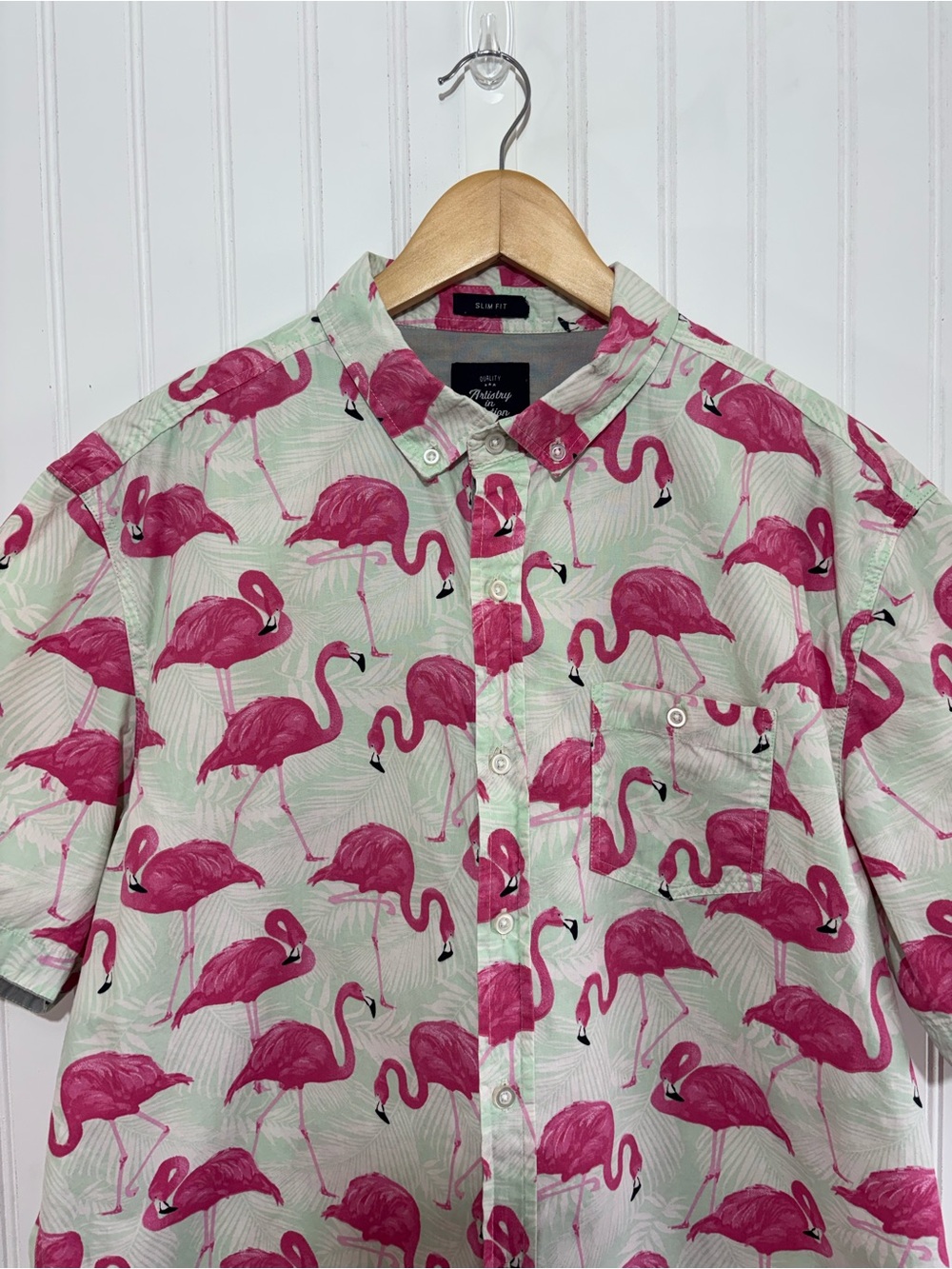 Artistry in Motion Flamingo Print Button Up Slim Fit Shirt Tropical Pink XL - Picture 3 of 10